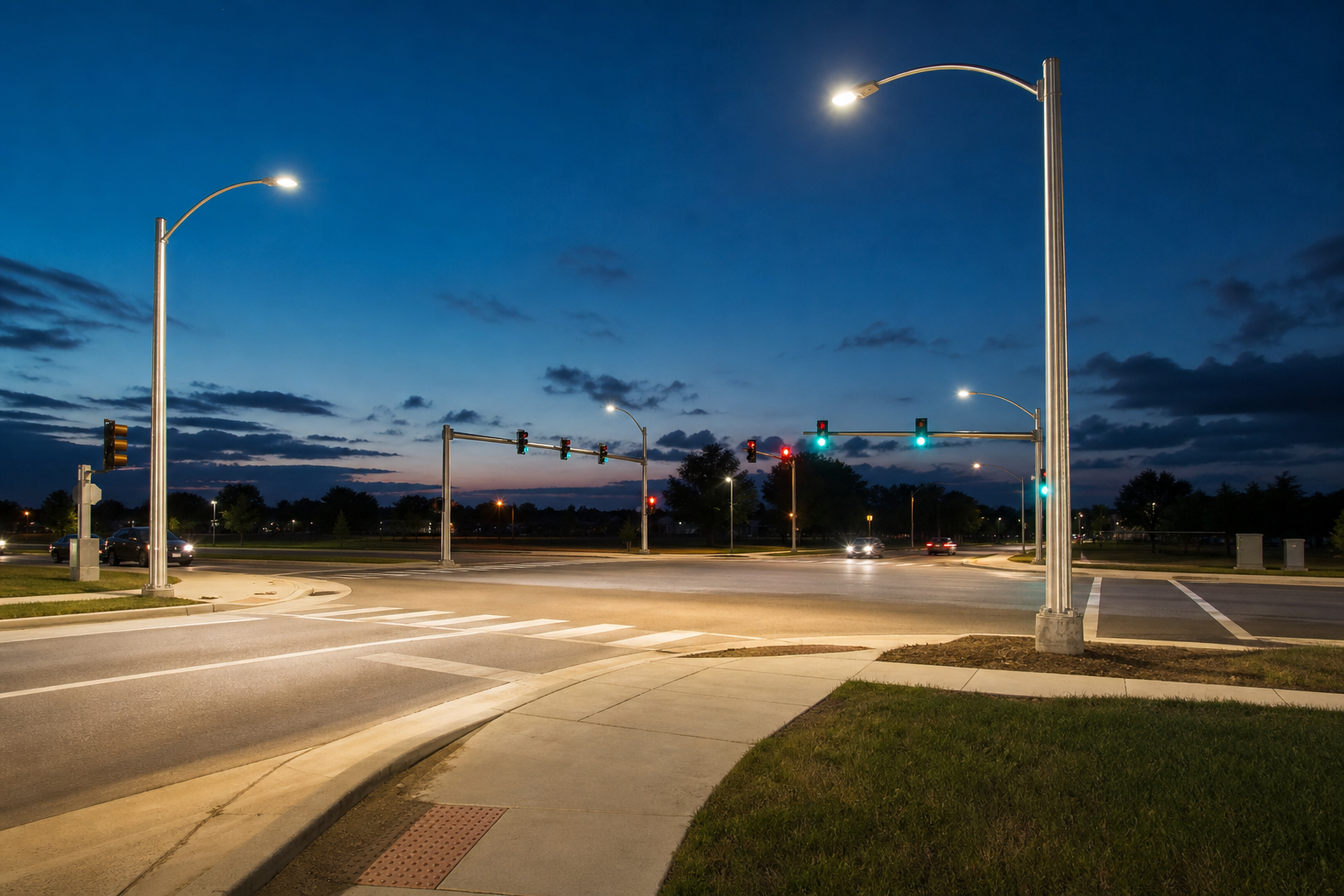 Galvanized LED roadway light poles illuminating a signalized suburban intersection and pedestrian crossing at dusk