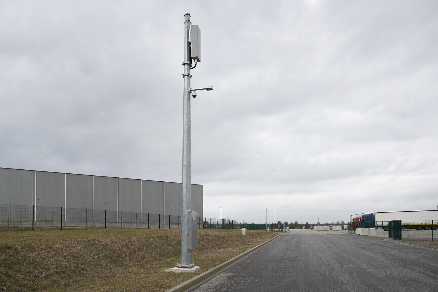 Galvanized communication pole with compact antenna, CCTV camera and lighting arm beside an industrial access road