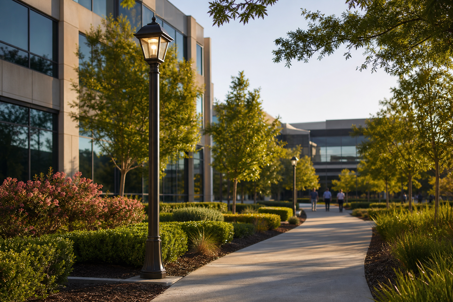 Dark bronze decorative garden light pole with lantern-style LED fixture along a landscaped commercial courtyard path