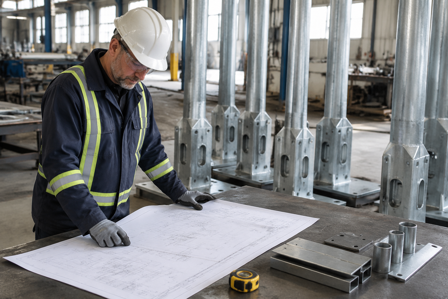 Engineer reviewing light pole shop drawings beside galvanized roadway light poles in a fabrication workshop