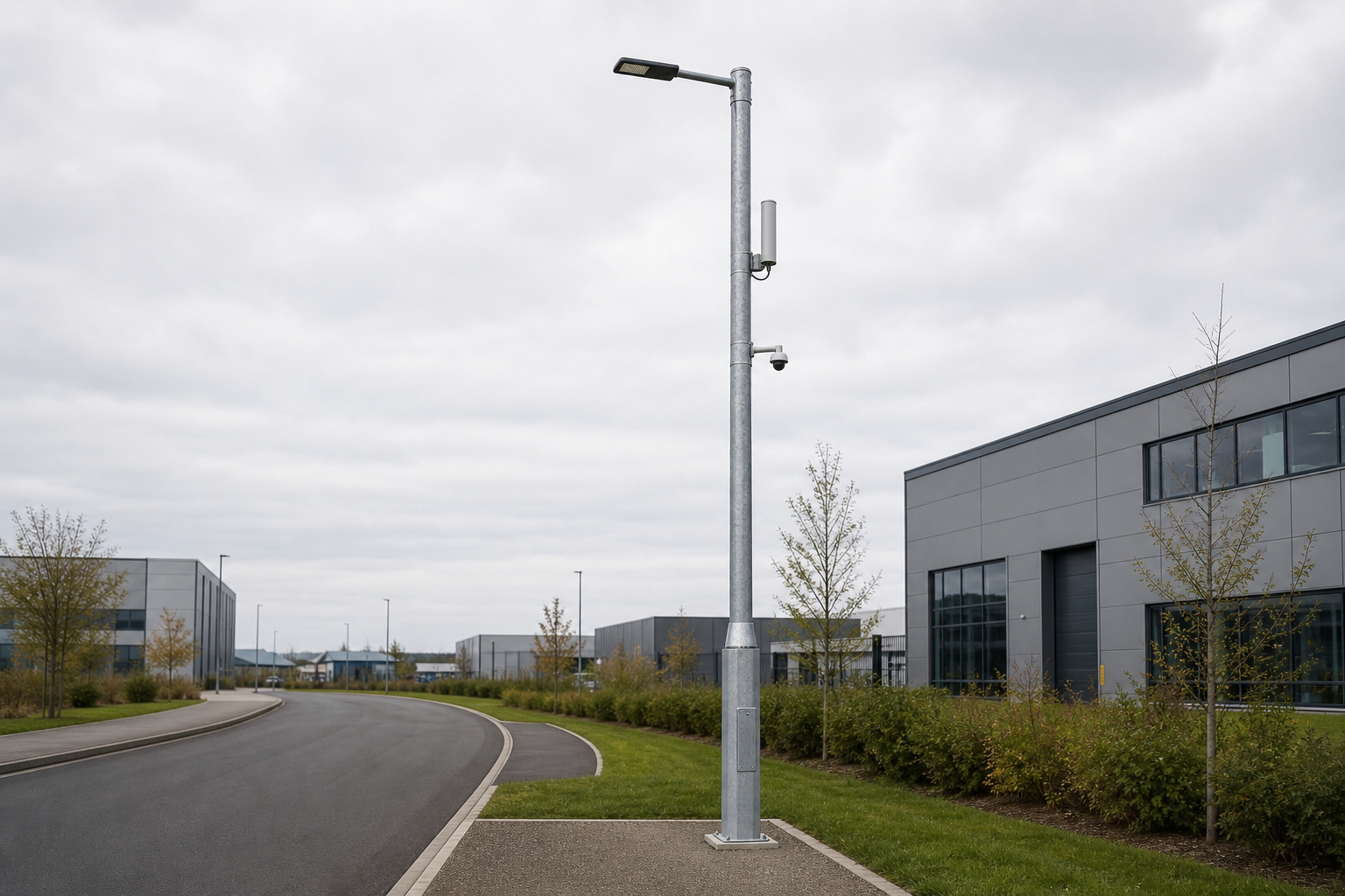 Galvanized multifunctional light pole with roadway luminaire, compact communications equipment and camera on an industrial business-park road