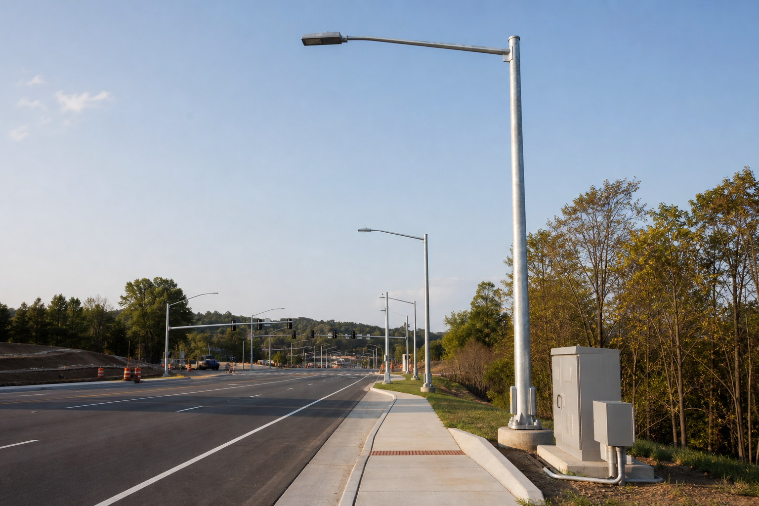 Galvanized roadway light poles, LED mast arms and lighting control cabinets on a newly built arterial road