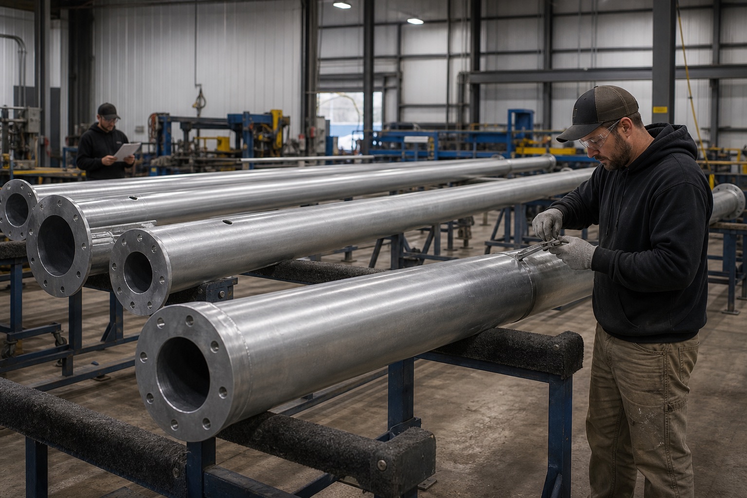 Factory technician inspecting aluminum roadway light pole shafts on production racks