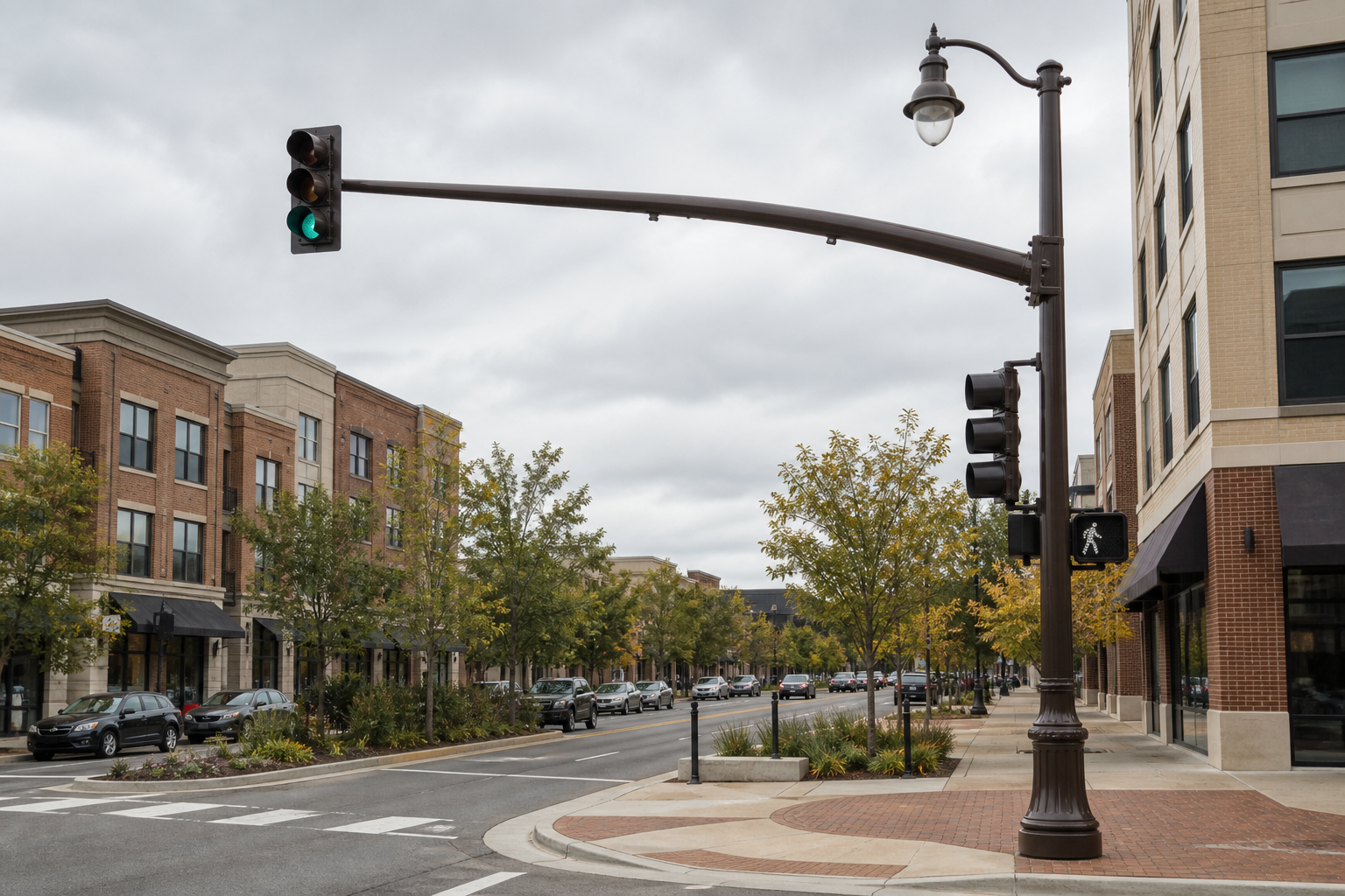 Decorative traffic signal pole and curved mast arm at an urban streetscape intersection