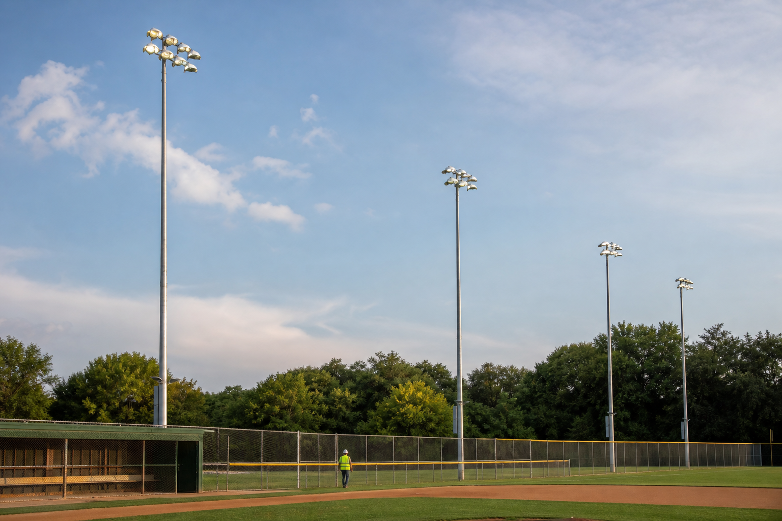 Galvanized baseball field light poles with LED floodlights beside an outfield fence during a daytime retrofit inspection