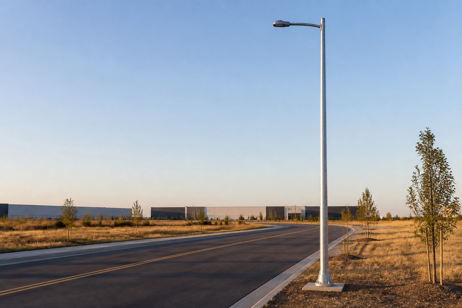 Galvanized conical street light pole with a short outreach arm beside a completed industrial access road