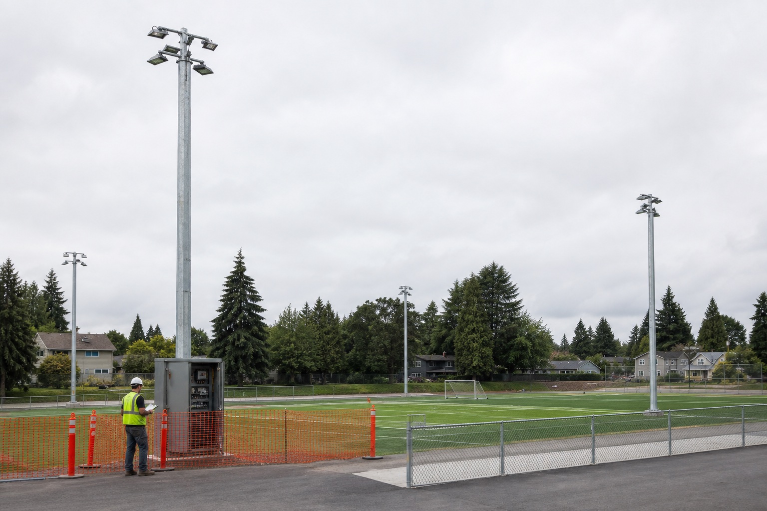 Municipal playfield with galvanized LED sports-lighting poles, control cabinet, safety fencing and a technician during a lighting replacement review
