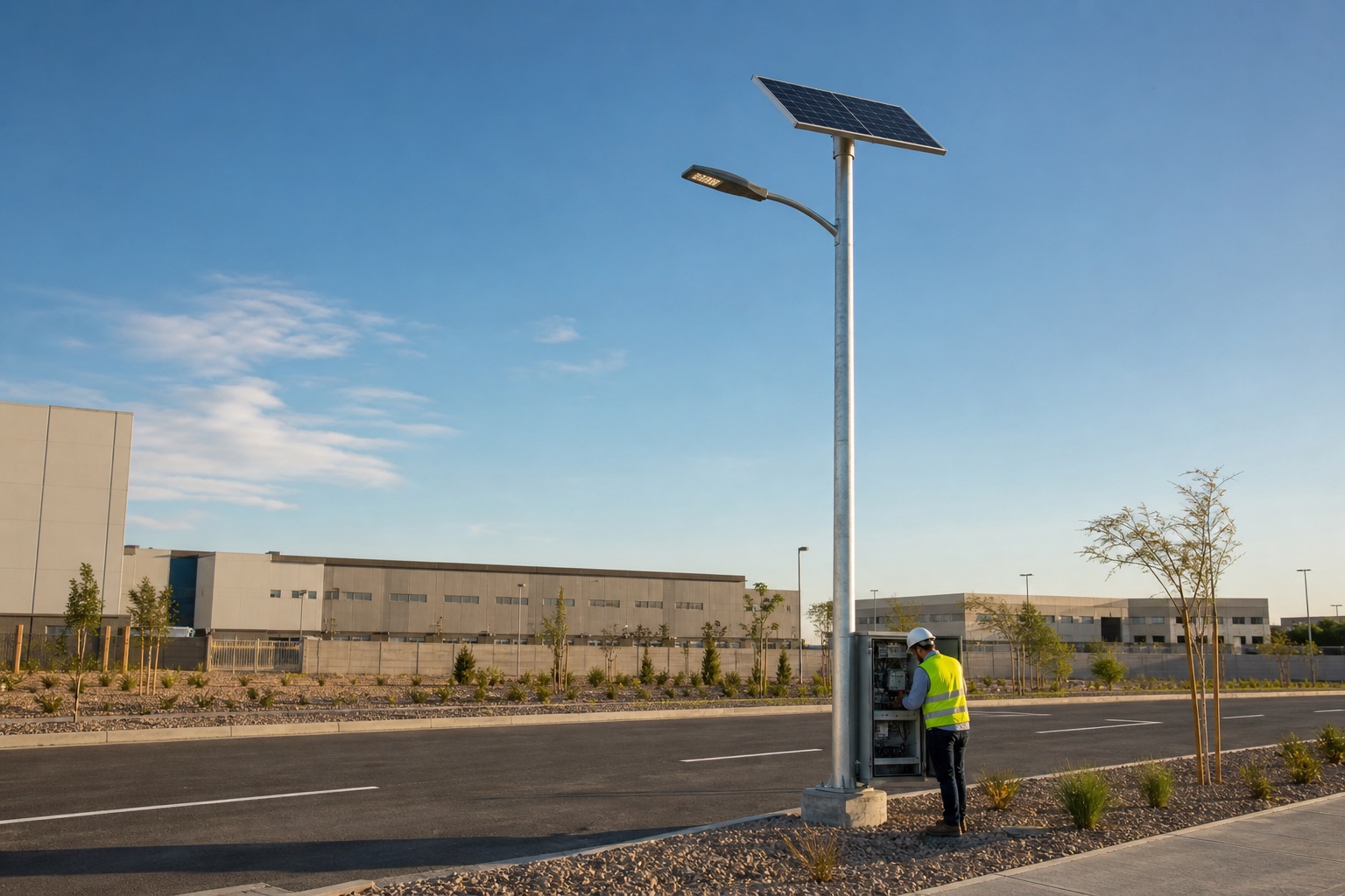 Solar roadway light pole with photovoltaic panel and LED luminaire beside an industrial access road while a technician checks the battery control cabinet