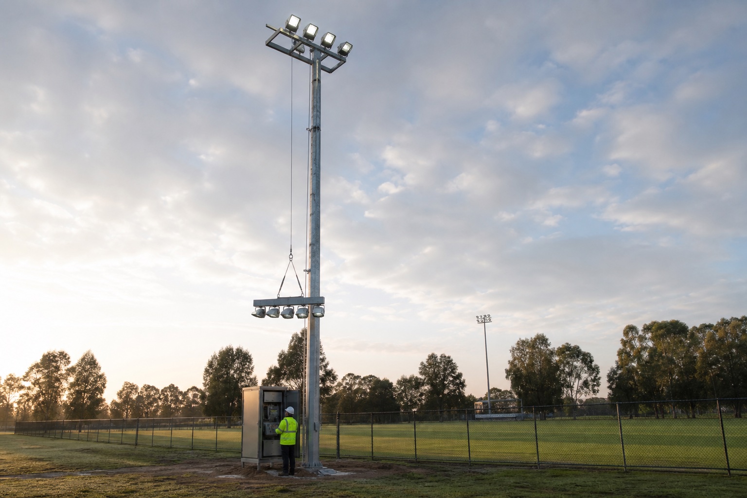 Galvanized sports lighting pole with a lowered luminaire carriage and ground-level maintenance cabinet beside a municipal field